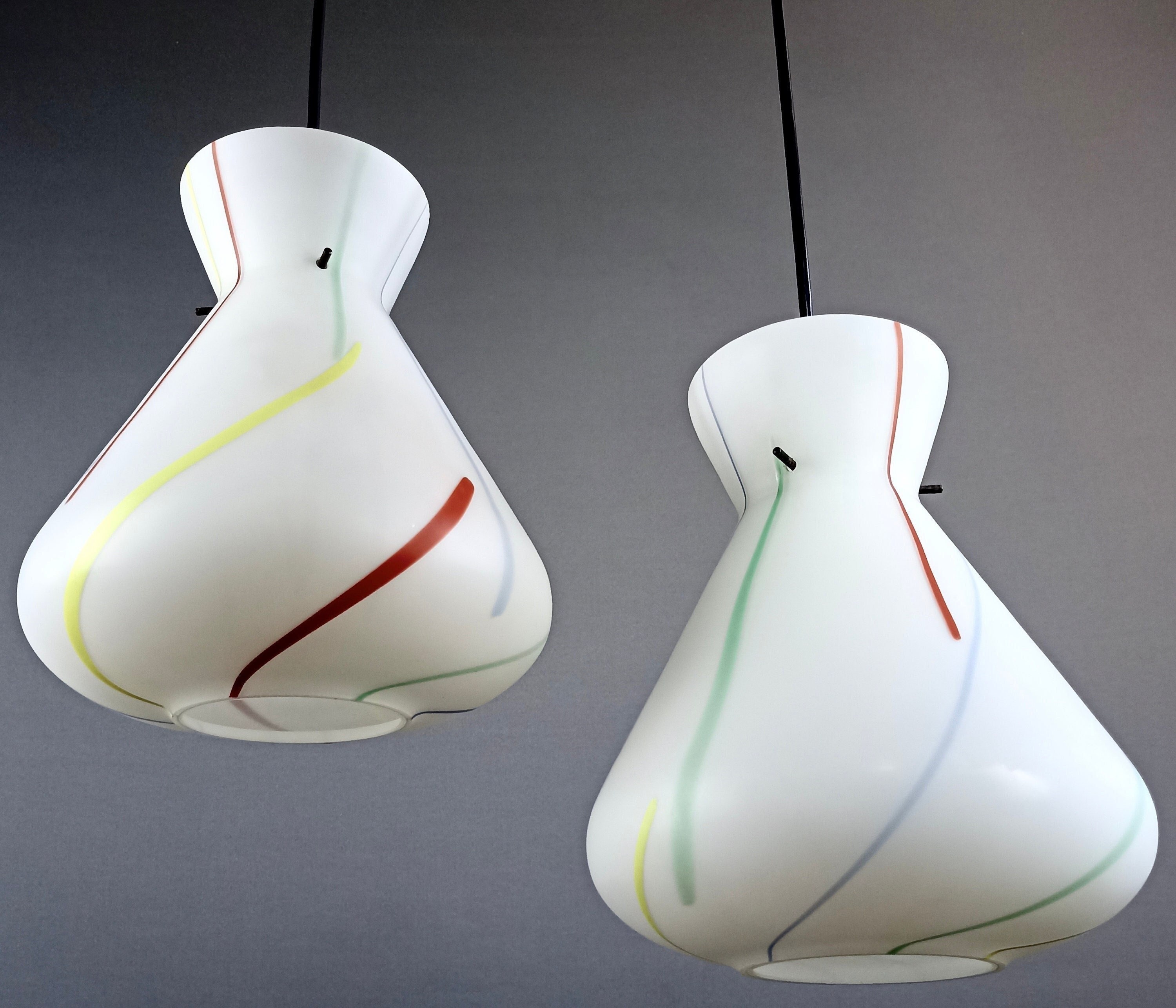 Stilnovo Style 1950s Italian One-Light Multi-Color Opaline Glass Pendant Lamps. A Pair.