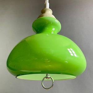 Green Cased Glass Rise-and-Fall Pendant Light, 1970s Italian Space Age Style.