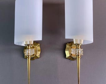 Pair of French Hollywood Regency Wall Sconces. Brass, Plastic and Plexiglass. Vintage 1960s