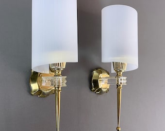 Pair of French Hollywood Regency Wall Sconces. Brass, Plastic and Plexiglass. Vintage 1960s