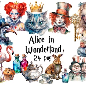 Alice in Wonderland clipart set 24 png transparent background characters for scrapbooking stickers set