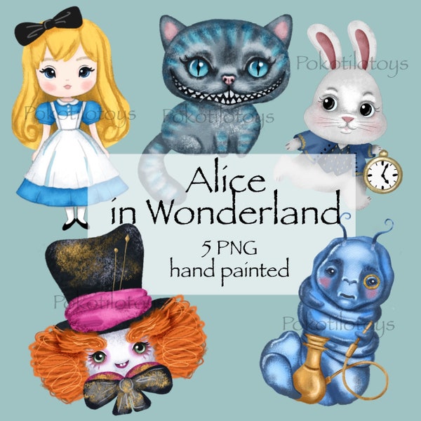 Alice in Wonderland digital clipart collection hand painted stickers set transparent background madhatter cheshire cat absolem white rabbit