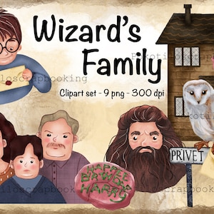 Puede incluir: Un conjunto de clipart digital de una familia de magos, que incluye un padre con una larga barba, una madre con el pelo largo y castaño, un hijo con gafas y un hijo más pequeño. El conjunto también incluye una casa, un búho, un pastel de cumpleaños y una carta. El clipart es de estilo de dibujos animados y es perfecto para scrapbooking u otros proyectos creativos.