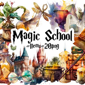 Puede incluir: Una ilustración de acuarela de una escuela de magia con 20 elementos diferentes. La ilustración incluye un castillo, un caldero, un libro, un sombrero, una varita, una escoba, una planta, un rollo, una botella de poción, un par de gafas, una vela y una maleta. La ilustración está en un estilo caprichoso con colores brillantes y una sensación mágica.