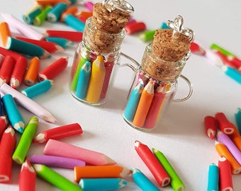 thank you mistress vial of mini multicolored pencils fun original atsem, school theme, mistress earrings, school teacher, thank you