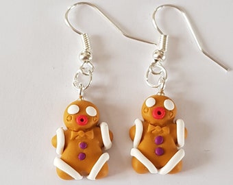 boucles d'oreilles noël,gingerbread,ti biscuit,bonhomme pain d’épices,thème noël,boucles de noël,pâte fimo,cadeau de noël,papillotes