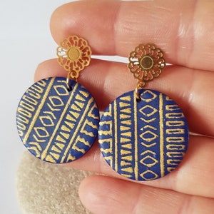 Indian earrings,round,original earrings,Native American buckles,polymer clay,birthday gift,fimo,gift idea,navy blue