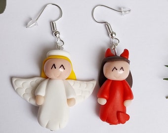 angel or demon earrings? mismatched earrings, fun gift, original earrings, fimo doll, angel devil earrings, devil earrings