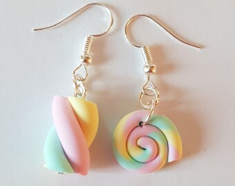 lolipop fimo pastel marshmallow earrings mismatched earrings, candy earrings