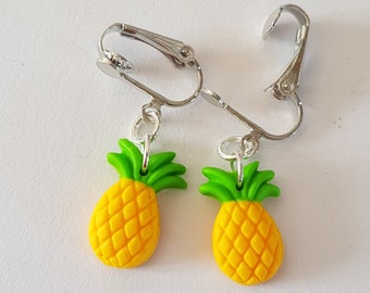 boucles d'oreilles ananas clips oreilles non percées fruit jaune et vert,boucles d'oreilles ananas,été,cadeau fille,cadeau d'anniversaire