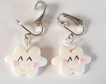 Cute kawaii white clouds in funny child clip earrings, cloud earrings, non-pierced ear clips, cloud jewelry