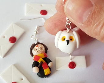 Boucles  d'oreilles harry Potter,halloween,sorcier,chouette,magique,boucles d'oreilles halloween,boucles d oreilles fimo,bijoux harry potter