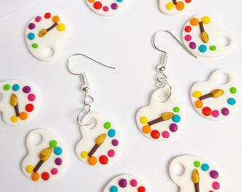Bedankt juf, veelkleurige verfpaletten, origineel cadeau, schoolthema, atsem cadeau, fimo pasta, nikkelvrije oorbellen