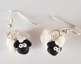 sheep in fimo earring farm animals black and white original