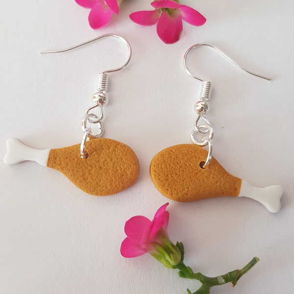 boucles d'oreilles poulet,pilon de poulet,nugget,boucles d'oreilles originales et gourmandes en fimo