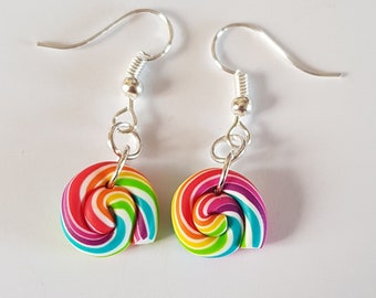 boucles d'oreille lolipop, sucette multicolore , coloré,fimo, bijou gourmand, boucles gourmandes,boucles bonbons