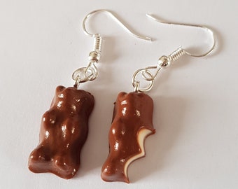 teddy bear earrings, marshmallows, chocolate, fimo, gourmet jewelry, gourmet earrings, chocolate earrings, earrings, original earrings