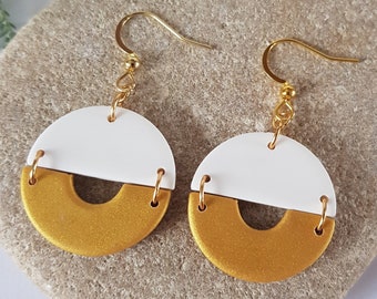 Boucles d’oreilles,blanc et or, argile polymère faites à la main,boucles pendantes,géométriques,statement earrings,handmade earring