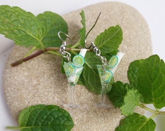 mojito boucles d'oreille, mojito, verre de mojito,citron vert, été,boucles cocktail,boucles mojito,bijou gourmand