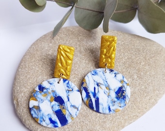 earrings, blue, marbled earrings, French designer, handmade, birthday gift, gold leaf