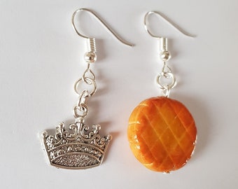 galette des rois earrings, galette earrings, crown, galette des rois, fimo, gourmet jewelry, gourmet curls, funny gift, original