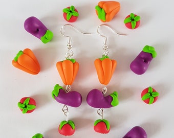 ratatouille,boucles d oreille ratatouille,boucles legumes,pate fimo,legumes a croquer,potager ,tomate poivron  aubergine,cadeau anniversaire