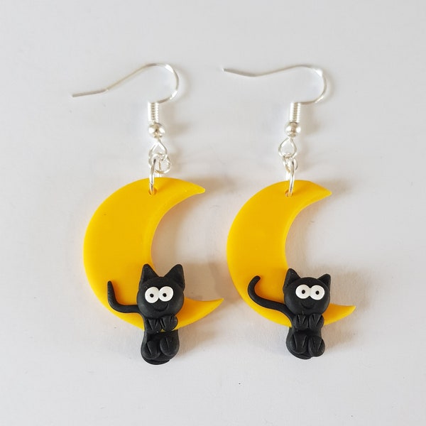 earrings black cat on the moon cute funny fimo, earrings cats, jewelry cats, love cat, original earrings