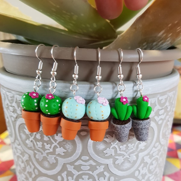 boucles d'oreilles cactus,bijoux cactus,plante grasse en pot,fait-main,fleur,cadeau, polymer clay,boucles cactus