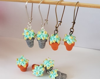 succulent earrings, succulent plant, polymer clay, pot earrings, succulent jewelry, terracotta pot, granite pot