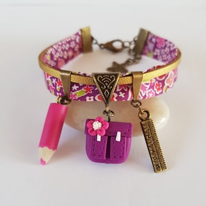 cadeau maitresse,bracelet maitresse,bronze,liberty,crayon rose,cartable,regle,cadeau ecole,cadeau anniversaire,cadeau atsem,fimo