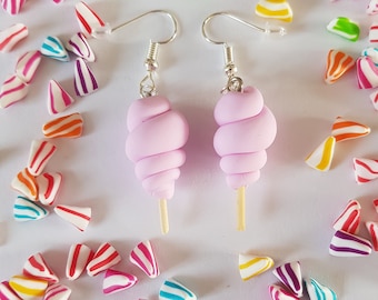 suikerspin, pastelkleurige oorbellen, fimo, gastronomische oorbellen, snoepoorbellen, pastelroze, kindercadeau, verjaardagscadeau