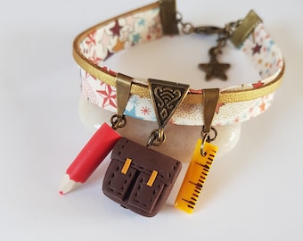 cadeau maitresse,bracelet ecole,liberty,cartable,regle,cadeau ecole,rouge,bronze,bracelet maitresse,bracelet atsem,cadeau atsem,theme ecole