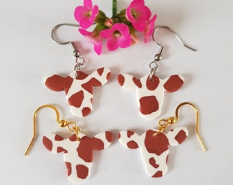 Boucles d'oreilles vache,tête de vache,vache normande,impression de vache,cow print,bijoux de vache,boucles vaches,acier inoxydable,modernes