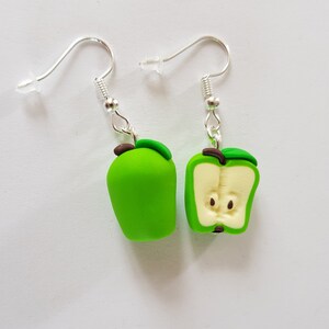 apple and core, apple earrings, green apples, gourmet curls, nature curls, fimo paste, handmade, birthday gift