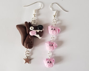 boucles d'oreille les trois petits cochons et loup personnages livre conte fée,boucles d'oreilles dépareillées,boucles d'oreilles originales