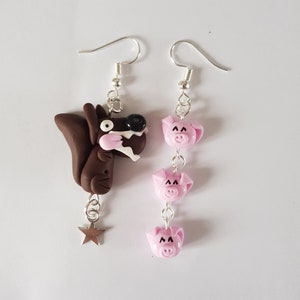 boucles d'oreille les trois petits cochons et loup personnages livre conte fée,boucles d'oreilles dépareillées,boucles d'oreilles originales image 1