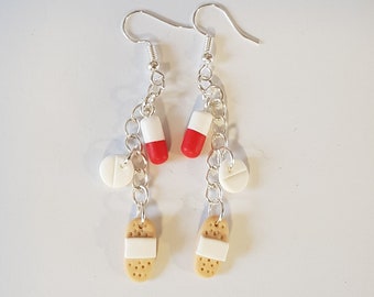 hospital nurse earrings, bandage pill stamp, medication earrings, bandage earrings, nurse gift