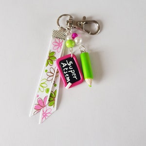 cadeau atsem, bijou de sac, super atsem  ,crayon et ardoise,cadeau  ecole ,vert et rose ,cadeau super atsem,merci atsem