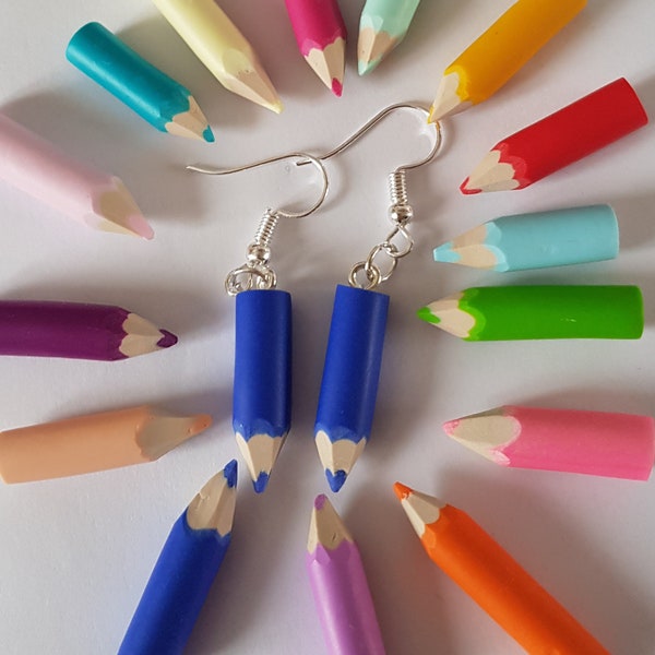 navy blue pencils, school earrings, back to school, master gift, atsem gift, nickel-free and lead-free hooks