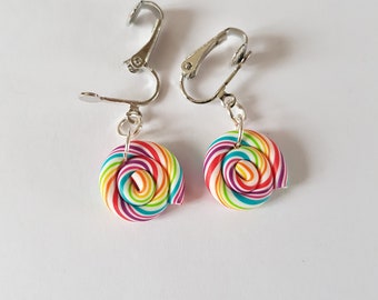 boucles d'oreilles lolipop,clips d'oreilles,sucettes lolipops,multicolore,clips enfant,non percées,lolipops,boucles lolipops