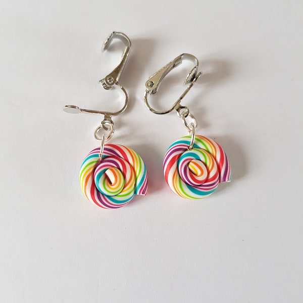 boucles d'oreilles lolipop,clips d'oreilles,sucettes lolipops,multicolore,clips enfant,non percées,lolipops,boucles lolipops