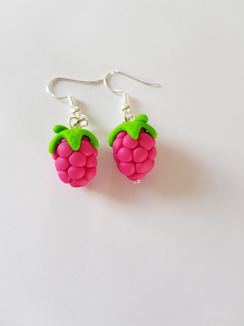 fimo earring, raspberry loops, gourmet, raspberry with leaf, gourmet jewel image 3