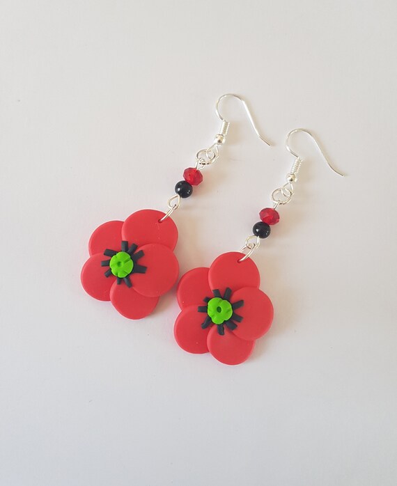 Boucles D Oreille Fimo Nature Fleur Rouge Et Noir Pavot Coquelicot Perle Verre 1
