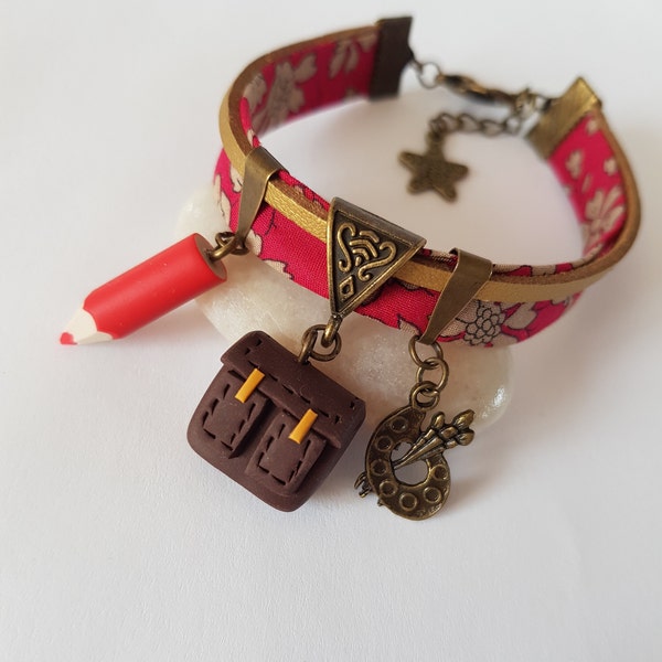 cadeau maitresse,bracelet maitresse,bronze,liberty,crayon rouge,cartable,regle,cadeau ecole,cadeau anniversaire,cadeau atsem,fimo