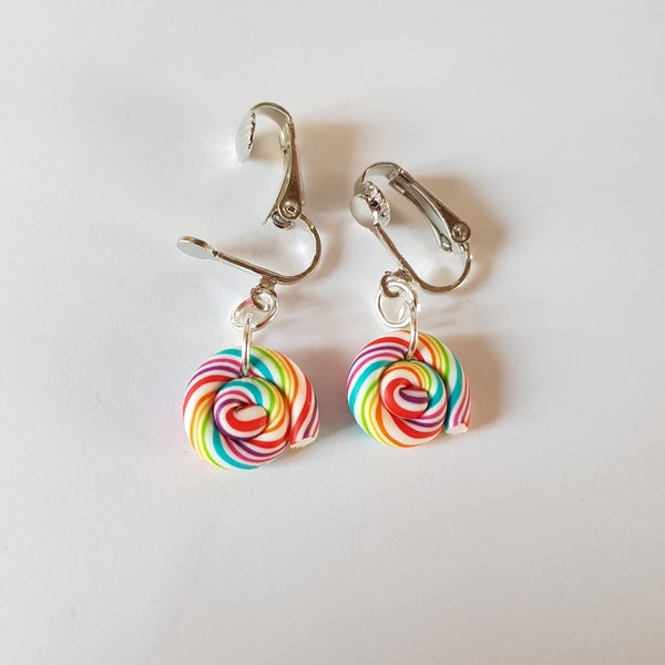 clips lolipop sucettes multicolore boucle oreille non percée clip fimo,boucles d'oreilles lolipops,boucles d'oreilles bonbons