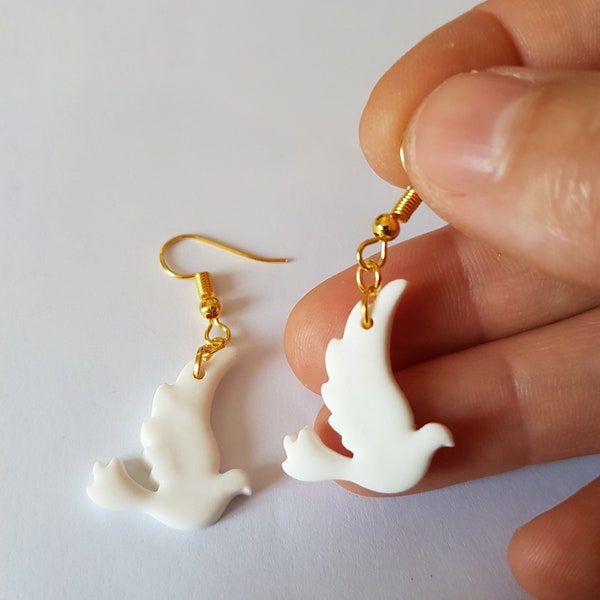 dove earrings, white dove, dove of peace, peace earrings, peace symbol, gold and white, handmade polymer clay