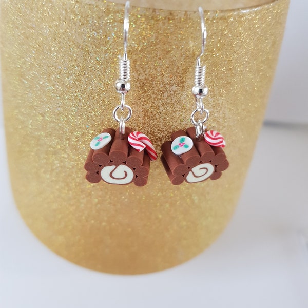 boucles d'oreilles bûche de noel,boucles d'oreilles Noël, thème Noël, chocolat, fimo,cadeau de Noël,calendrier de l'Avent