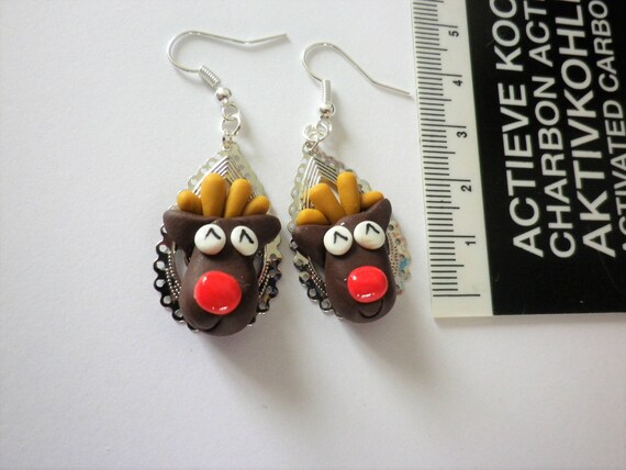 Kolczyki W Uszach Renifer świętego Mikołaja Renifera Boże Narodzenie świąteczne Kolczyki Prezent Prezent Uśmiechnięte Oczy Fimo Prezent Na