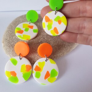 fluorescent earrings, circle earrings, polymer clay, birthday gift, flashy, fluorescent