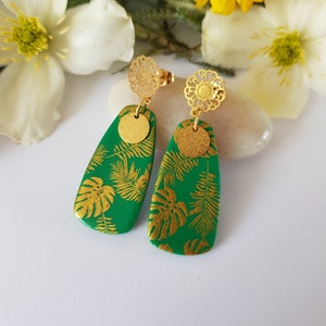 green earrings, tropical, green and gold, gold leaf, original earrings, back earrings